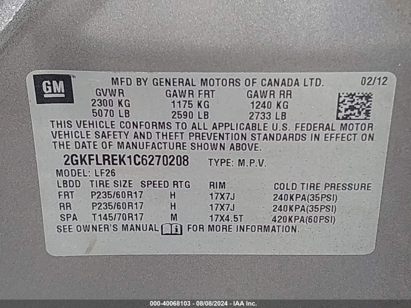 2012 GMC Terrain Sle VIN: 2GKFLREK1C6270208 Lot: 40068103