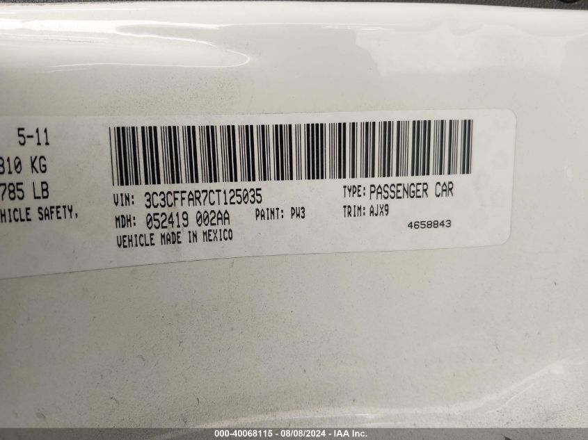 2012 Fiat 500 Pop VIN: 3C3CFFAR7CT125035 Lot: 40068115