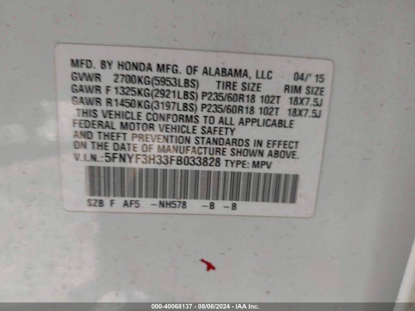 2015 Honda Pilot Se VIN: 5FNYF3H33FB033828 Lot: 40068137