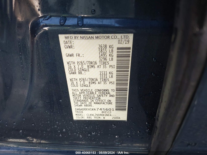 2019 NISSAN FRONTIER SV - 1N6AD0EV1KN745601