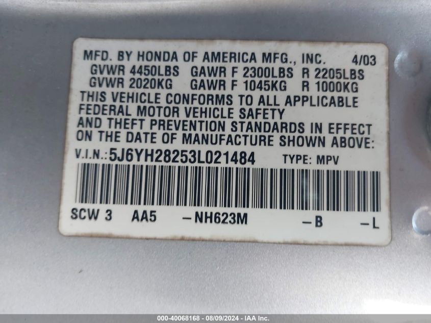 2003 Honda Element Dx VIN: 5J6YH28253L021484 Lot: 40068168