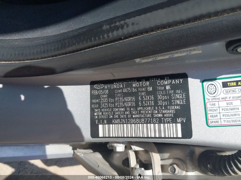 2008 Hyundai Tucson Limited VIN: KM8JN12B68U877182 Lot: 40068213