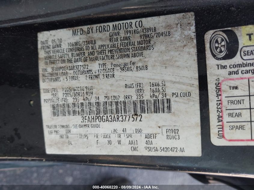 2010 Ford Fusion S VIN: 3FAHP0GA3AR377572 Lot: 40068220