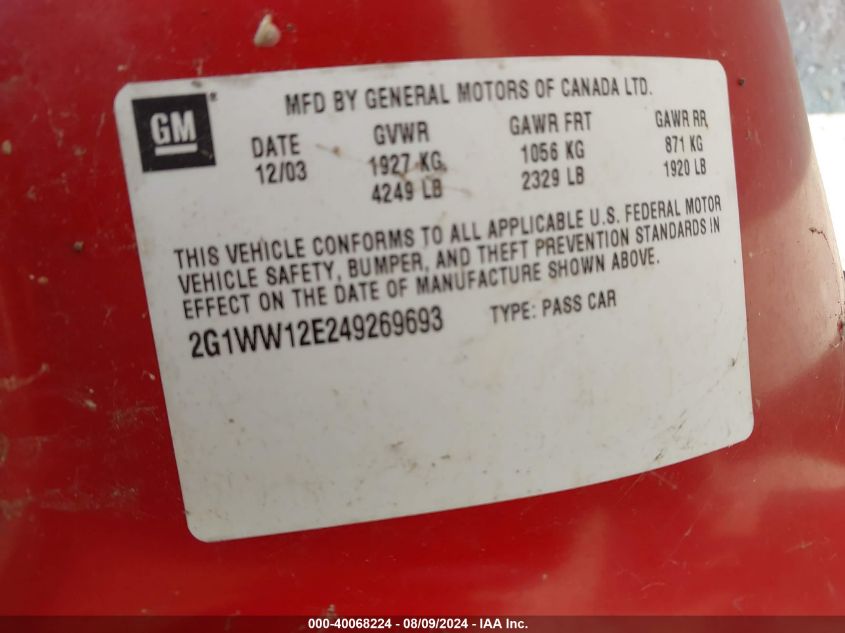 2004 Chevrolet Monte Carlo Ls VIN: 2G1WW12E249269693 Lot: 40068224