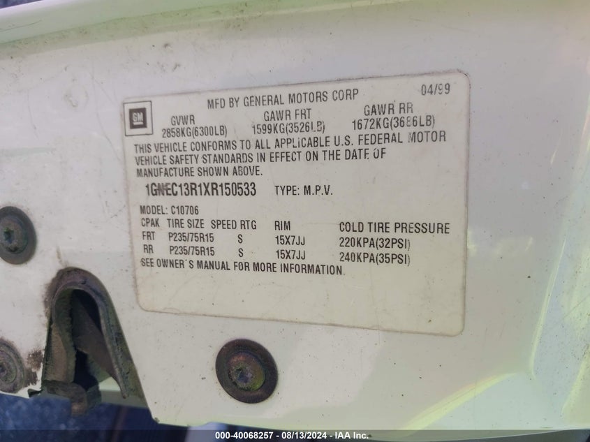 1999 Chevrolet Tahoe Ls VIN: 1GNEC13R1XR150533 Lot: 40068257