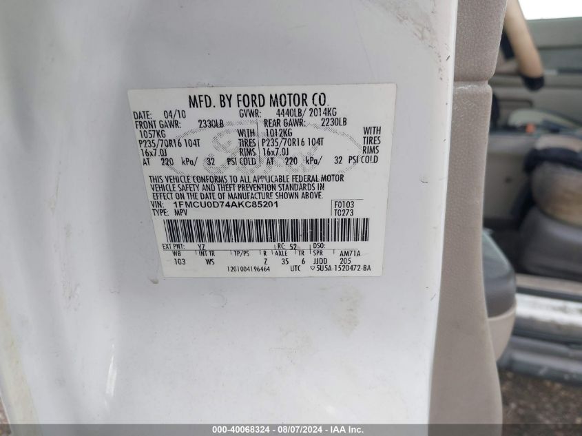 2010 Ford Escape Xlt VIN: 1FMCU0D74AKC85201 Lot: 40068324