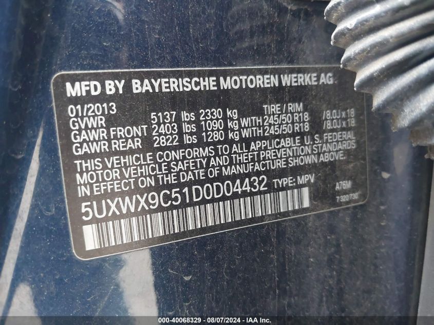 2013 BMW X3 xDrive28I VIN: 5UXWX9C51D0D04432 Lot: 40068329