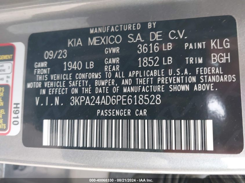 2023 Kia Rio S VIN: 3KPA24AD6PE618528 Lot: 40068330