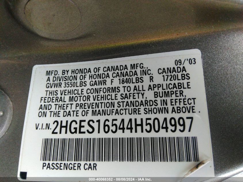 2004 Honda Civic Lx VIN: 2HGES16544H504997 Lot: 40068352