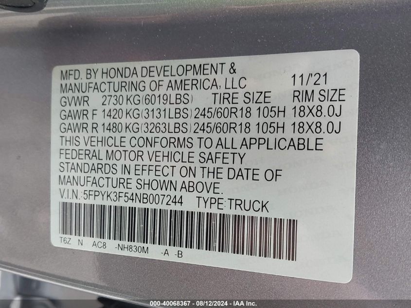 2022 Honda Ridgeline Rtl VIN: 5FPYK3F54NB007244 Lot: 40068367