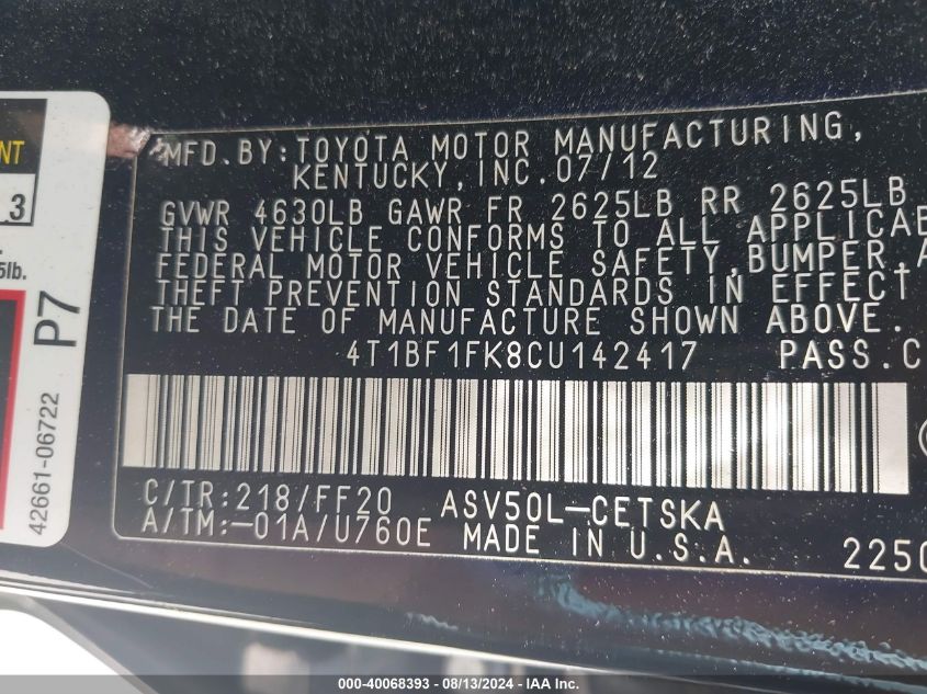 2012 Toyota Camry Se VIN: 4T1BF1FK8CU142417 Lot: 40068393