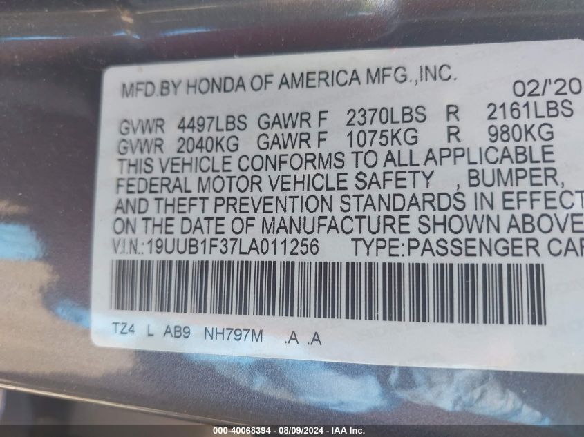 2020 Acura Tlx VIN: 19UUB1F37LA011256 Lot: 40068394