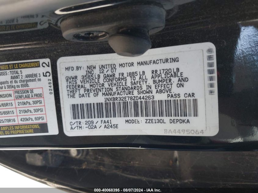 2008 Toyota Corolla Ce VIN: 1NXBR32E78Z044263 Lot: 40068395