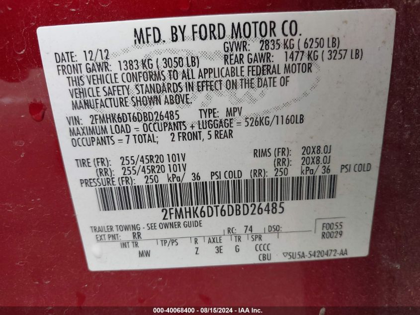 2FMHK6DT6DBD26485 2013 Ford Flex Limited