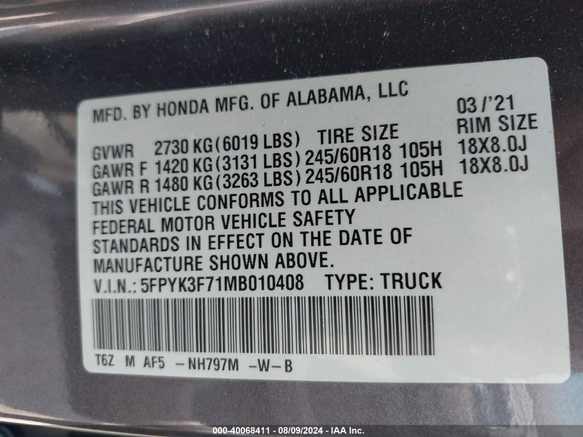 2021 Honda Ridgeline Rtl-E VIN: 5FPYK3F71MB010408 Lot: 40068411