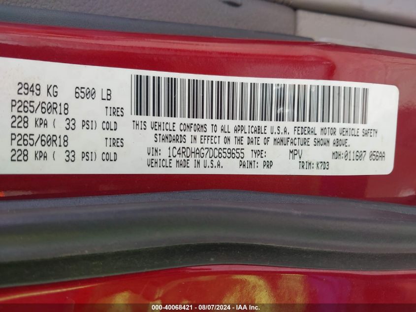 2013 Dodge Durango Sxt VIN: 1C4RDHAG7DC659655 Lot: 40068421