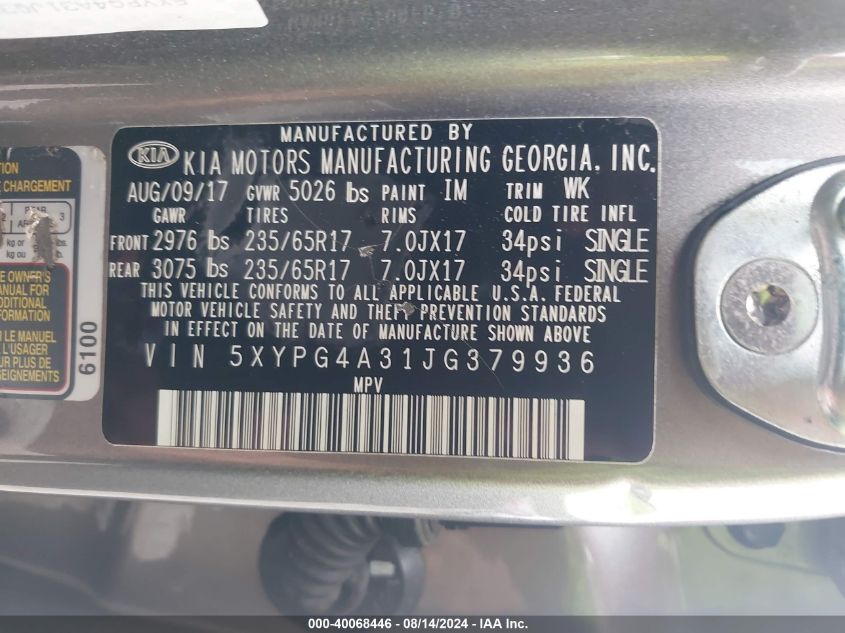 2018 KIA SORENTO 2.4L LX - 5XYPG4A31JG379936