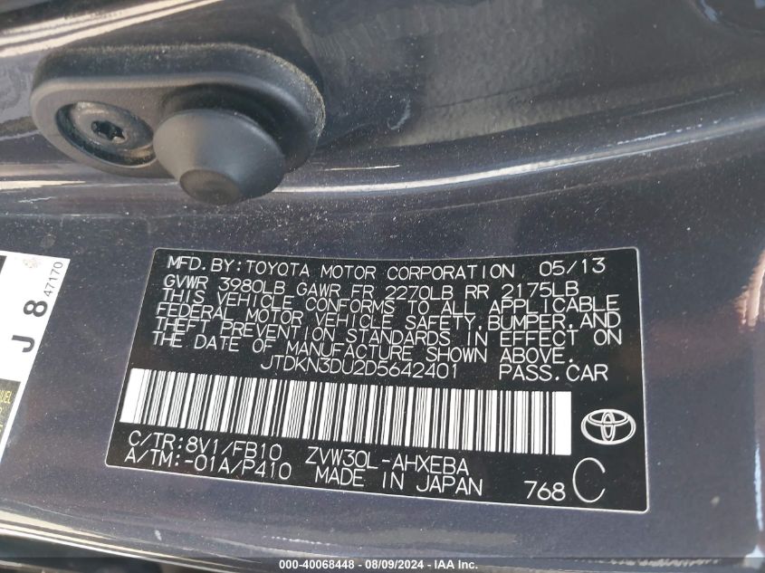 2013 Toyota Prius Two VIN: JTDKN3DU2D5642401 Lot: 40068448