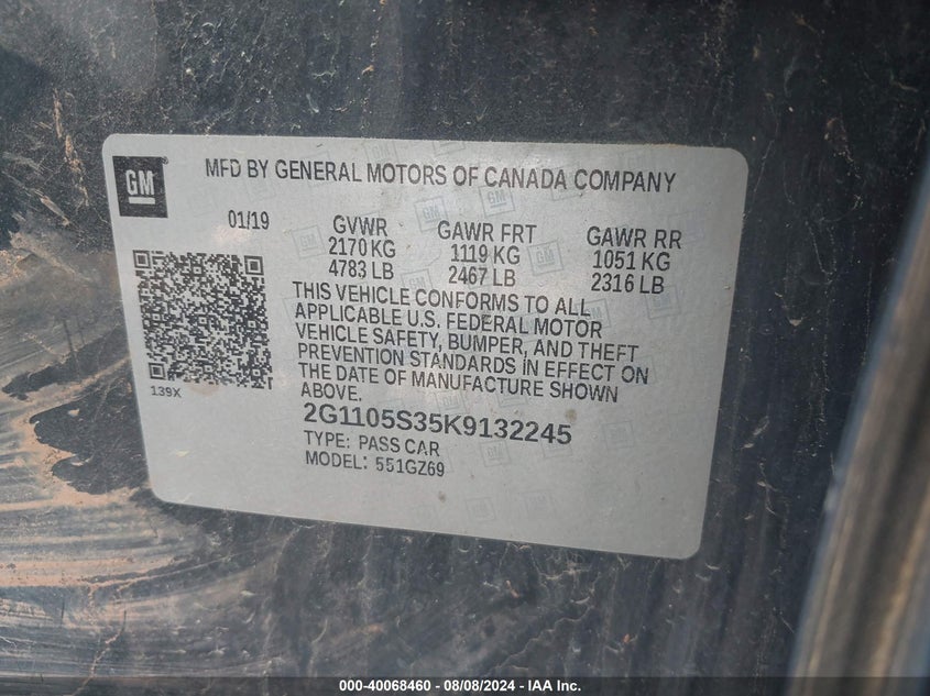 2019 CHEVROLET IMPALA PREMIER - 2G1105S35K9132245