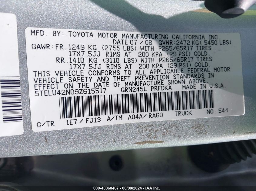 5TELU42N09Z615517 2009 Toyota Tacoma Base V6