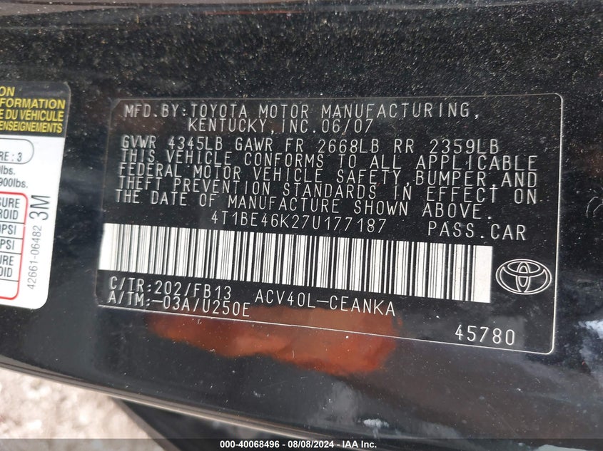 2007 Toyota Camry Le VIN: 4T1BE46K27U177187 Lot: 40068496