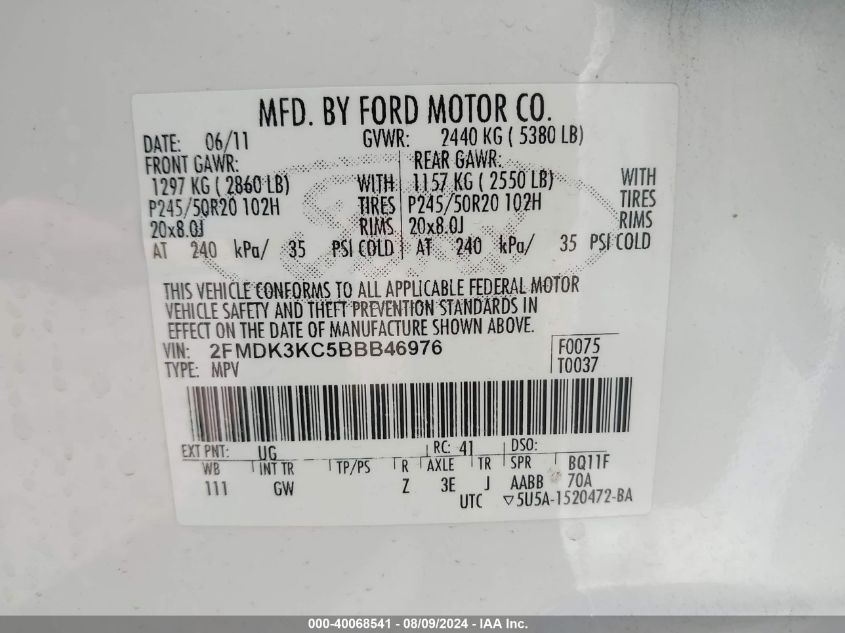 2011 Ford Edge Limited VIN: 2FMDK3KC5BBB46976 Lot: 40068541