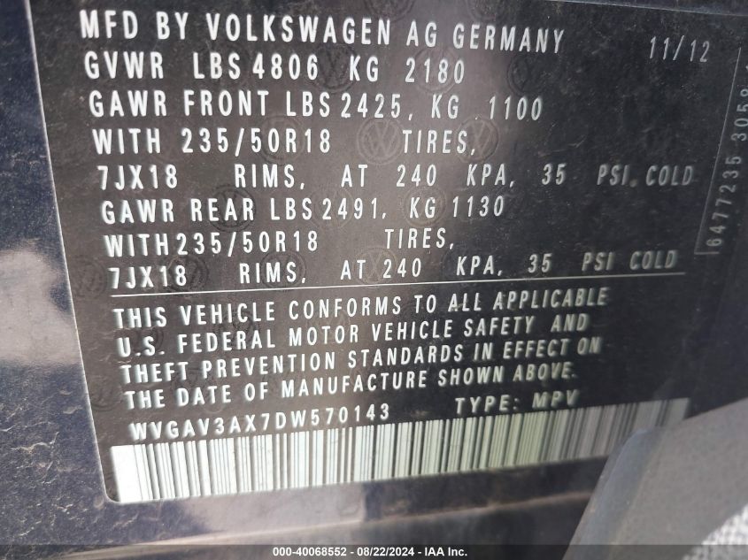 2013 VOLKSWAGEN TIGUAN SE - WVGAV3AX7DW570143