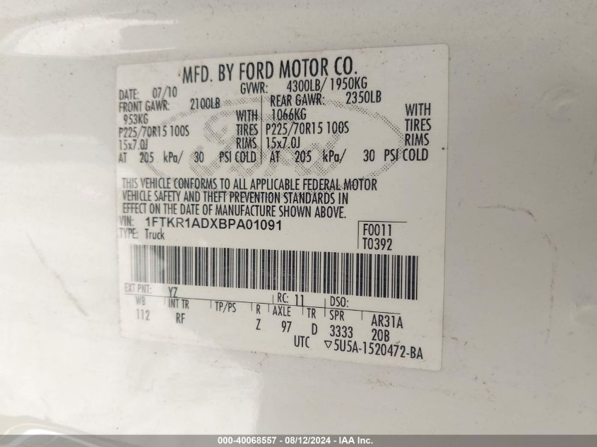 2011 Ford Ranger Xl VIN: 1FTKR1ADXBPA01091 Lot: 40068557