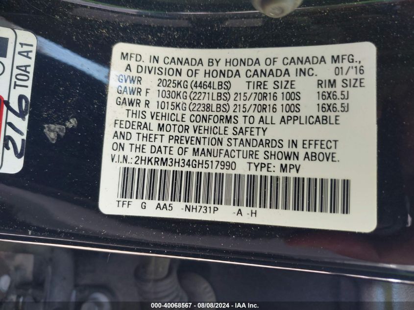 2016 Honda Cr-V Lx VIN: 2HKRM3H34GH517990 Lot: 40068567