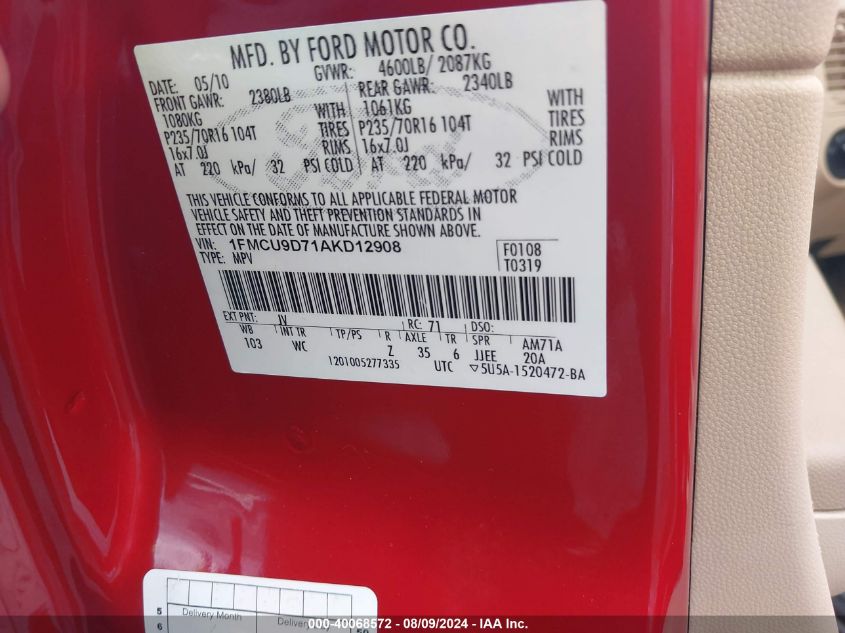 2010 Ford Escape Xlt VIN: 1FMCU9D71AKD12908 Lot: 40068572