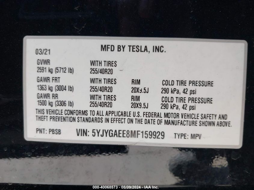 VIN 5YJYGAEE8MF159929 2021 TESLA MODEL Y LONG RANGE DUAL MOTOR ALL-WHEEL DRIVE