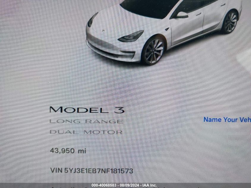 2022 Tesla Model 3 Long Range Dual Motor All-Wheel Drive VIN: 5YJ3E1EB7NF181573 Lot: 40068583