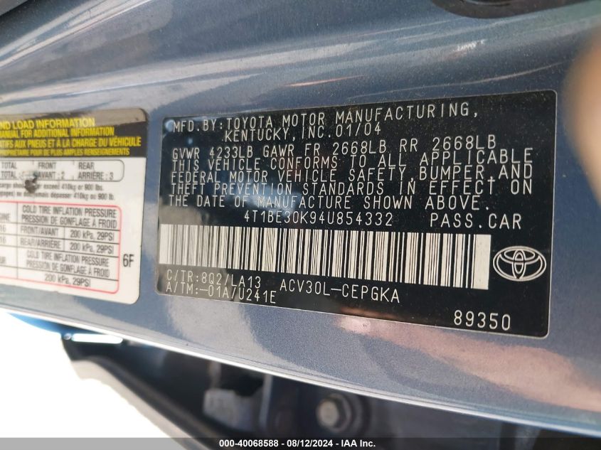 2004 Toyota Camry Xle VIN: 4T1BE30K94U854332 Lot: 40068588