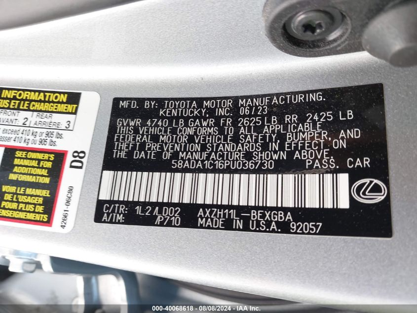 2023 Lexus Es 300H VIN: 58ADA1C16PU036730 Lot: 40068618