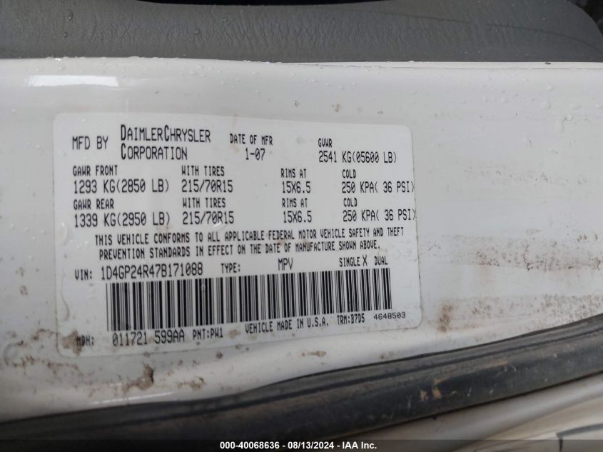 2007 Dodge Grand Caravan Se VIN: 1D4GP24R47B171088 Lot: 40068636