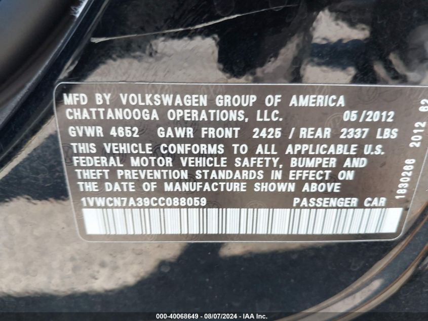 2012 Volkswagen Passat 2.0L Tdi Sel Premium VIN: 1VWCN7A39CC088059 Lot: 40068649