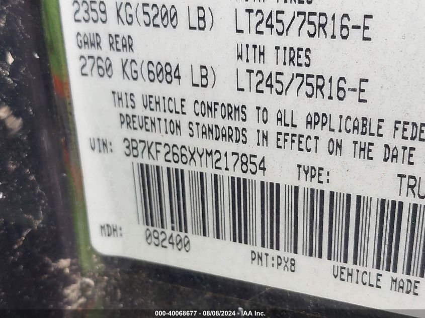 2000 Dodge Ram 2500 VIN: 3B7KF266XYM217854 Lot: 40068677