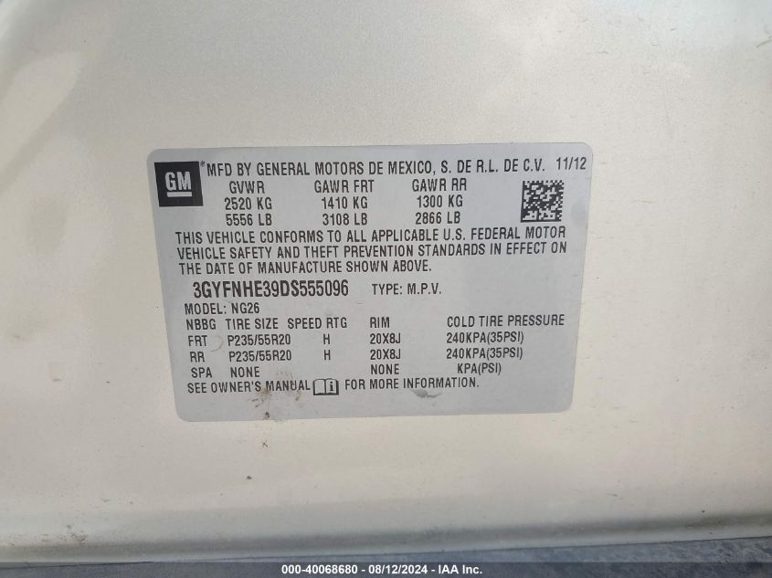 2013 Cadillac Srx Performance Collection VIN: 3GYFNHE39DS555096 Lot: 40068680