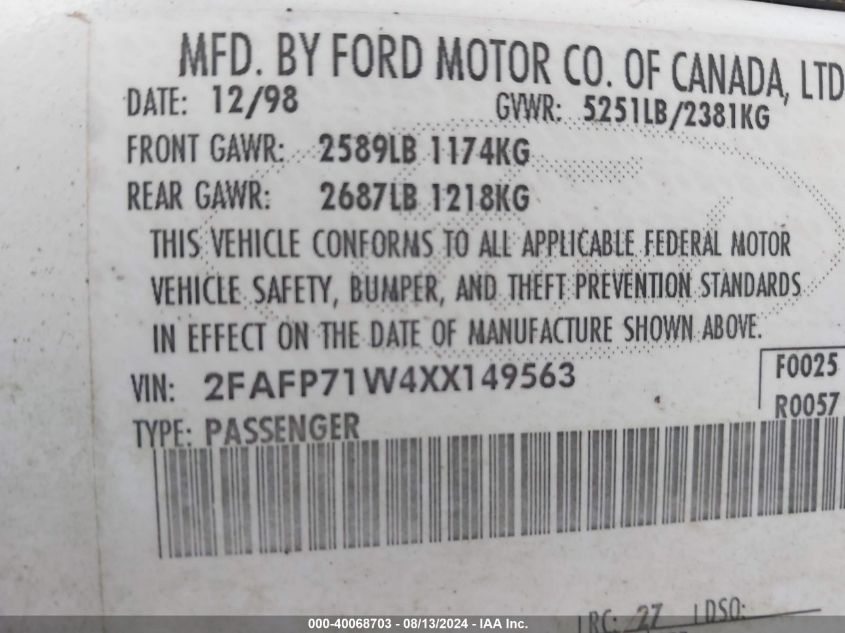 1999 Ford Crown Victoria Police Interceptor VIN: 2FAFP71W4XX149563 Lot: 40068703