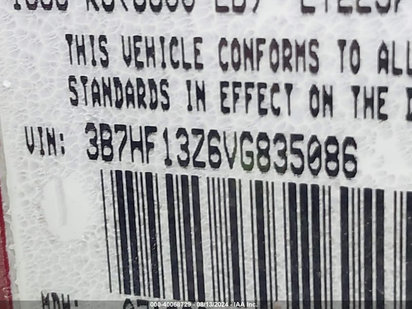 1997 Dodge Ram 1500 St VIN: 3B7HF13Z6VG835086 Lot: 40068729