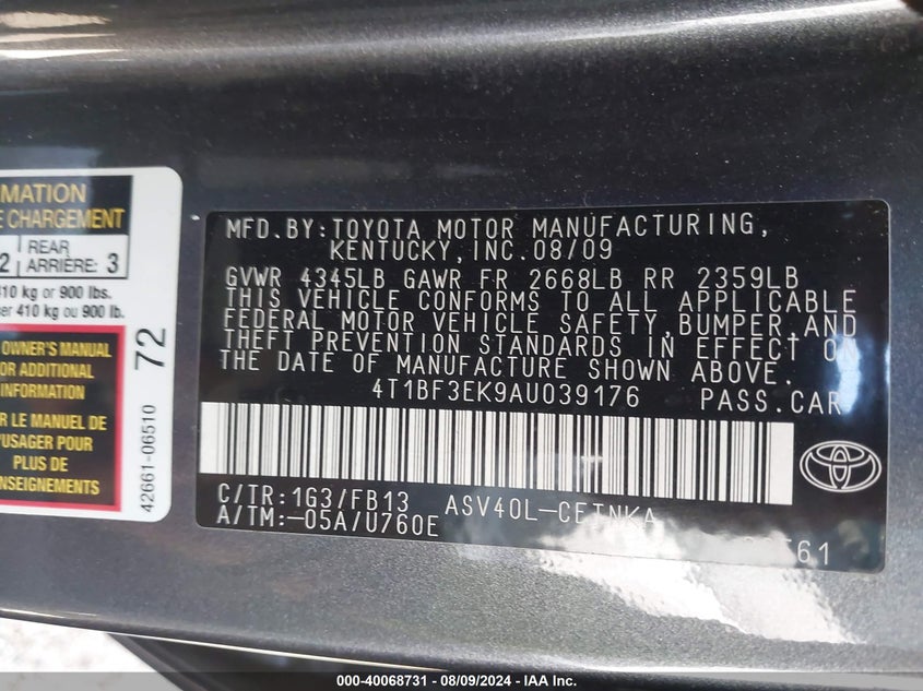 2010 Toyota Camry Le VIN: 4T1BF3EK9AU039176 Lot: 40068731