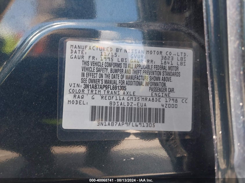 2015 Nissan Sentra Sv VIN: 3N1AB7AP9FL691305 Lot: 40068741