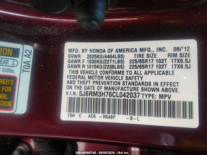 2012 Honda Cr-V Ex-L VIN: 5J6RM3H76CL042037 Lot: 40068745