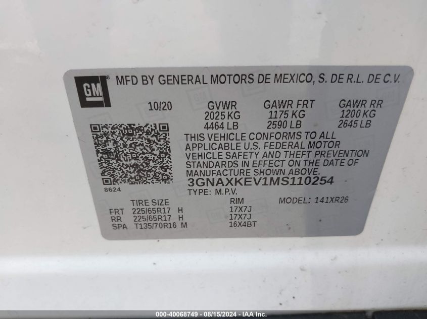 2021 Chevrolet Equinox Lt VIN: 3GNAXKEV1MS110254 Lot: 40068749