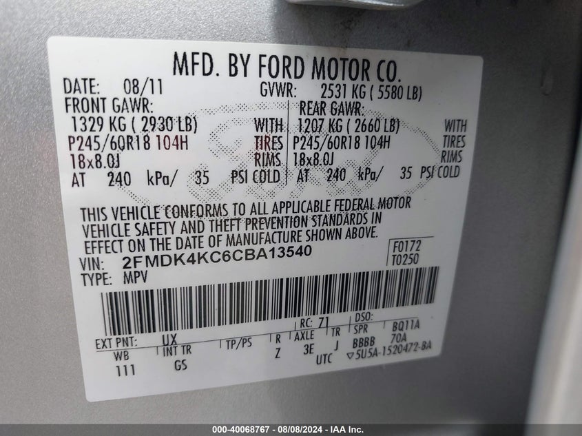 2012 Ford Edge Limited VIN: 2FMDK4KC6CBA13540 Lot: 40068767