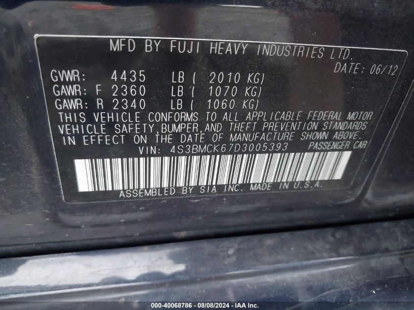 2013 Subaru Legacy 2.5I Limited VIN: 4S3BMCK67D3005393 Lot: 40068786