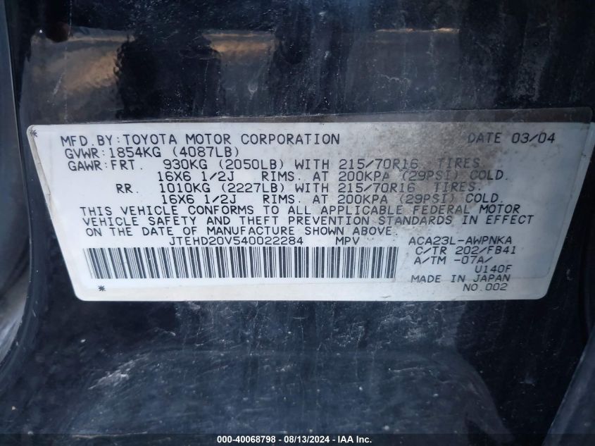 2004 Toyota Rav4 VIN: JTEHD20V540022284 Lot: 40068798