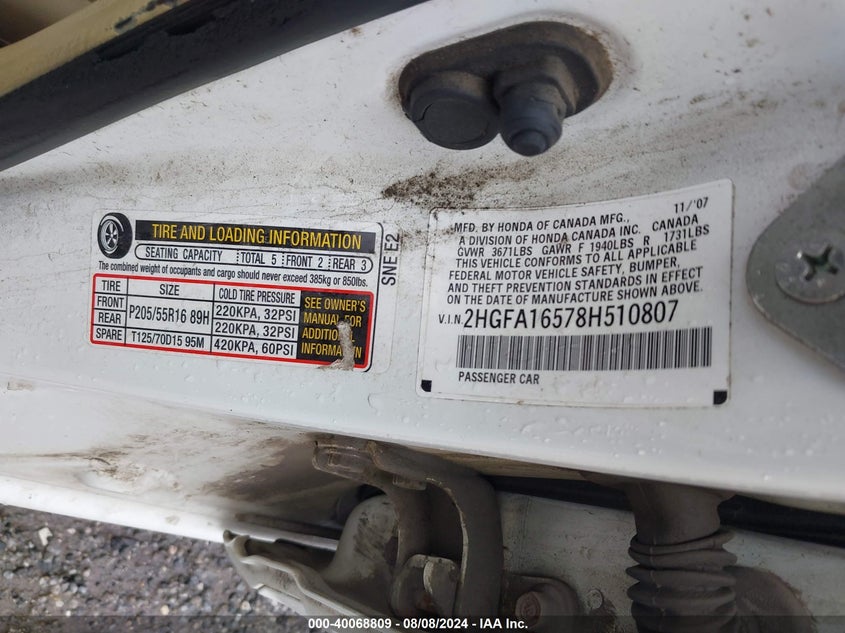 2008 Honda Civic Sdn Lx VIN: 2HGFA16578H510807 Lot: 40068809