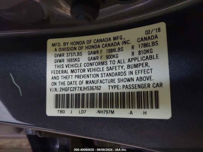 2018 Honda Civic Ex VIN: 2HGFC2F7XJH536762 Lot: 40068820