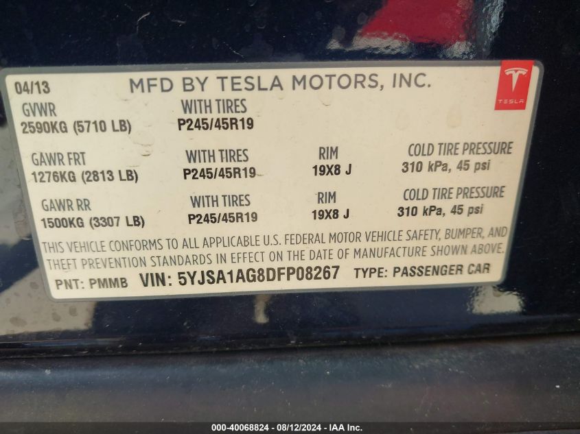 2013 Tesla Model S VIN: 5YJSA1AG8DFP08267 Lot: 40068824